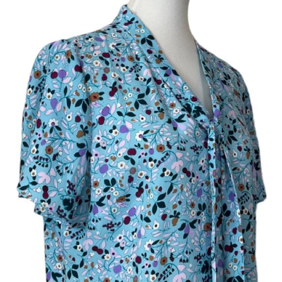 Talbots Tie Neck Top Blouse Short Sleeves Blue Multi Floral Women’s Size Large - Picture 6 of 11